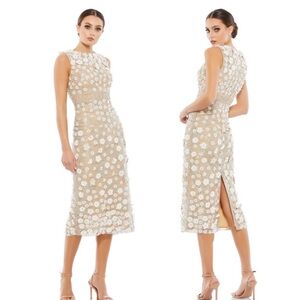 Mac Duggal #67853 Floral Appliqué Ivory Nude Sleeveless Midi Dress 10 Bridal